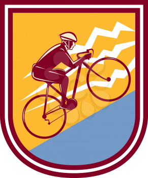 Illustration of a cyclist biking riding mountain bike going uphill mountain set inside shield crest done in retro style. 