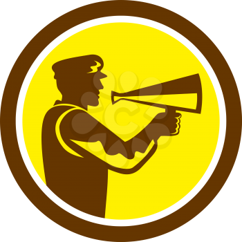 Illustration of a movie director cameraman shouting using bullhorn set inside circle done in retro style.