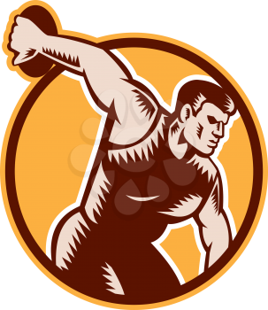 Illustration of a discus thrower set inside circle done on isolated background in woodcut retro style. 