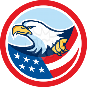 Illustration of a bald eagle clutching an american stars and stripes flag set inside circle on isolated background done in retro style.