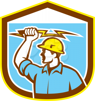 Illustration of an electrician construction worker holding a lightning bolt set inside shield crest done in retro style on isolated background.