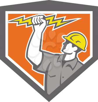 Illustration of an electrician construction worker wield holding a lightning bolt set inside shield crest done in retro style on isolated white background.
