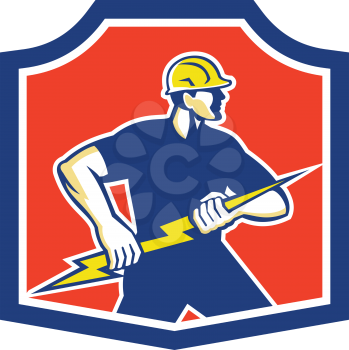 Illustration of an electrician holding a lightning bolt facing side done in retro style set inside a crest. 