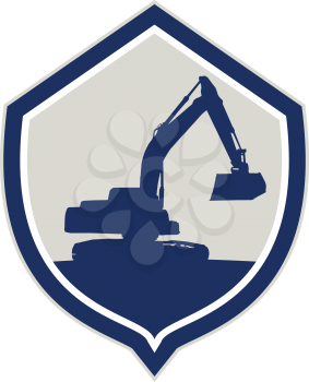 Illustration of a construction digger mechanical excavator silhouette set inside crest shield done in retro style on isolated background.