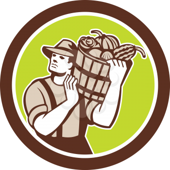 Illustration of organic farmer carrying bucket of harvest crop produce of vegetables on shoulder done in retro style on isolated background. 