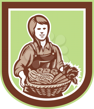 Illustration of female woman organic farmer with basket of crop produce harvest fruits vegetables facing front set inside circle done in retro woodcut style.