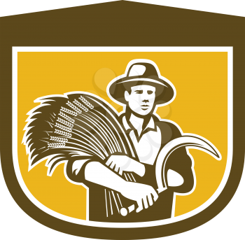 Illustration of wheat farmer with crop produce harvest and holding scythe facing front set inside shield crest shape in background done in retro style.