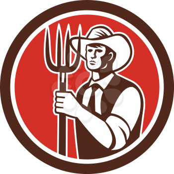 Illustration of a farmer holding a pitchfork facing front set inside circle done in retro  style