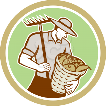 Illustration of organic farmer holding rake on shoulder and basket of crops produce harvest facing side set inside circle on isolated background done in retro style.