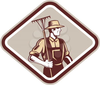 Illustration of organic farmer with rake facing side set inside diamond shape done in retro woodcut style.