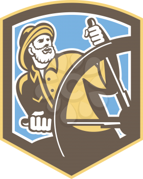 Illustration of a fisherman sea captain at the helm steering wheel set inside shield crest shape done in retro style.