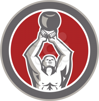 Illustration of a strongman athlete muscle-up lifting kettlebell facing front set inside circle shape done in retro style on isolated white background.
