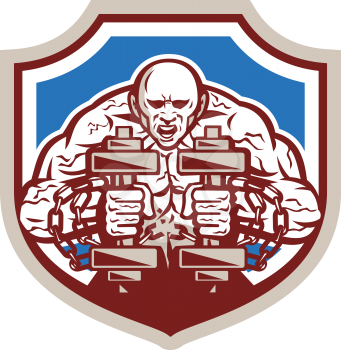 Illustration of a strongman muscular guy lifting dumbbells weight training breaking shacles chain viewed from front set inside shield crest shape done in retro style.