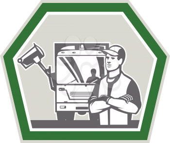 Illustration of a garbage collector with rubbish truck in background collecting waste set inside shield shape done in retro style.
