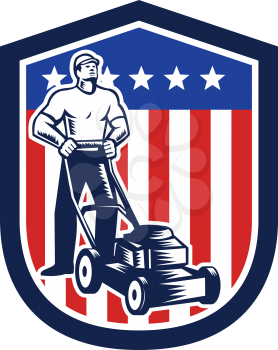 Illustration of male gardener mowing with lawn mower in american flag stars stripes set inside a shield done in retro woodcut style. 