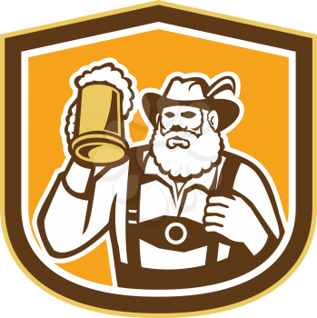 Illustration of a Bavarian beer drinker raising beer mug drinking looking up wearing lederhosen and German hat set inside shield crest shape done in retro style.