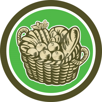 Illustration of a wicker basket full of crop harvest field with festive fruits, vegetables and bread set inside circle done in retro woodcut style on isolated background.