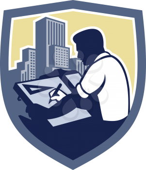 Illustration of an architect draftsman holding pencil and t-square drawing viewed from side set inside shield crest shape with buildings on isolated background done in retro woodcut style.