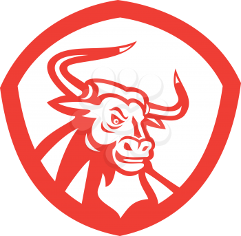 Illustration of an angry raging texas longhorn bull head facing side set inside shield crest on isolated white background done in retro style.