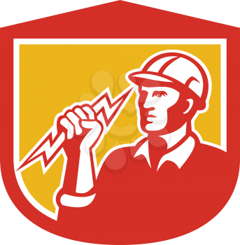 Illustration of an electrician construction worker clutching holding a lightning bolt set inside shield done in retro style on isolated white background.