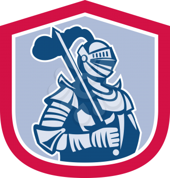 Illustration of knight in full armor brandishing a sword set inside a shield crest done in retro style.
