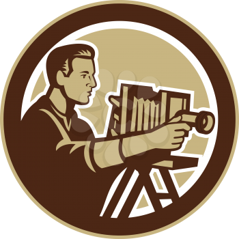 Illustration of a photographer shooting with vintage bellows camera done in retro woodcut style set inside circle.