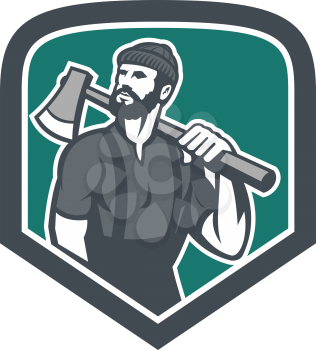 Illustration of a lumberjack sawyer forest holding an axe on shoulder looking up to side set inside shield crest shape done in retro style.
