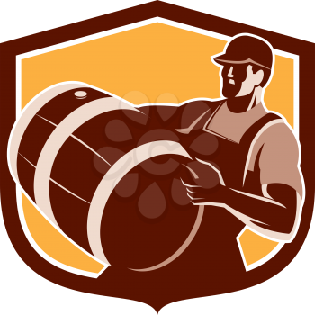 Retro style illustration of a bartender worker carrying beer keg barrel drum looking up set inside shield on isolated white background.