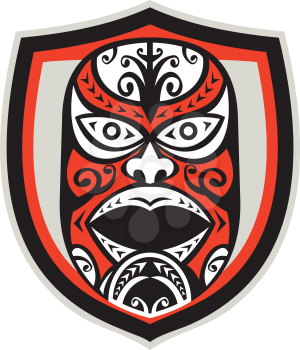 Illustration of a traditional maori mask facing front set inside shield done in retro style on isolated background.