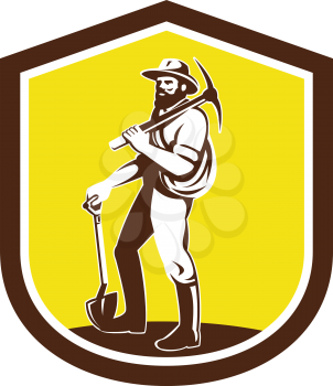 Illustration of a coal miner prospector wearing hat carrying pick axe on shoulder and holding shovel facing front set inside shield crest done in retro style on isolated background.