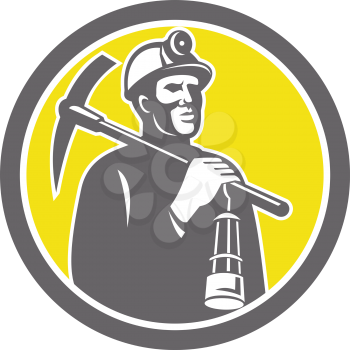 Illustration of a coal miner hardhat with crossed pick axe and lamp inside a circle done in retro style.