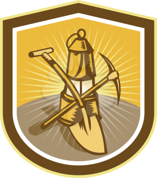 Illustration of a coal miner pick axe and shovel crossed with lamp set inside shield crest shape done in retro woodcut style.