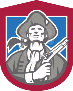 Illustration of an American Patriot with flintlock pistol facing front set inside crest shield on isolated background done in retro style.