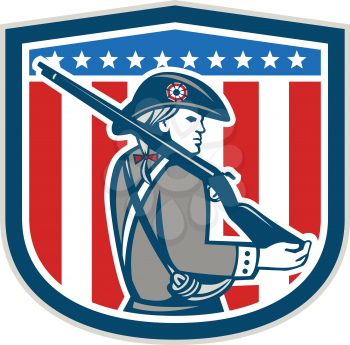 Illustration of an American Patriot minuteman holding a musket rifle facing side set inside crest shield with stars on isolated background done in retro style.