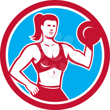 Illustration of a female personal trainer fitness professional bodybuilder lifting dumbbell flexing muscles viewed from front set inside circle done in retro style.