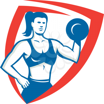 Illustration of a female personal trainer fitness professional bodybuilder lifting dumbbell flexing muscles viewed from front set inside shield  done in retro style.
