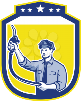 Illustration of fuel jockey gasoline attendant worker raising and holding fuel pump nozzle set inside shield done in retro style.