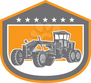 Illustration of vintage road grader viewed from the front set inside shield crest shape done in retro style.