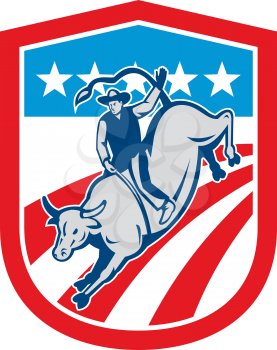 Illustration of an american rodeo cowboy riding bucking bull set inside shield crest with stars and stripes in the background done in retro style. 