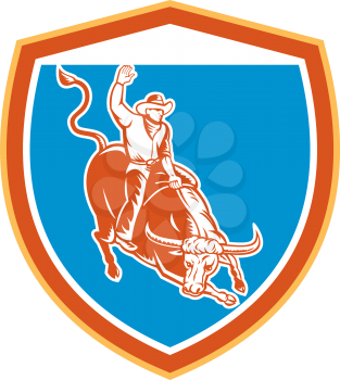 Illustration of rodeo cowboy riding bucking bull set inside shield crest on isolated white background done in retro style. 