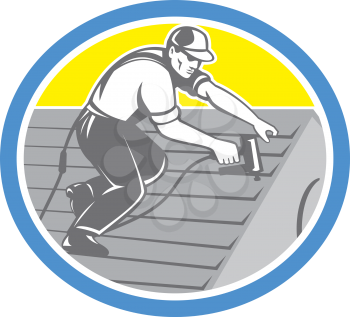 Illustration of a roofer construction worker roofing working on house roof with nail gun nailgun nailer set inside circle done in retro style.