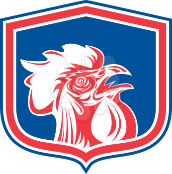 Illustration of a chicken rooster head mascot facing side set inside shield crest on isolated background done in retro style. 