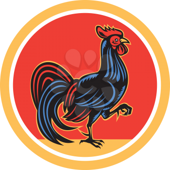 Illustration of a chicken rooster facing side marching walking set inside circle on isolated background done in retro style. 