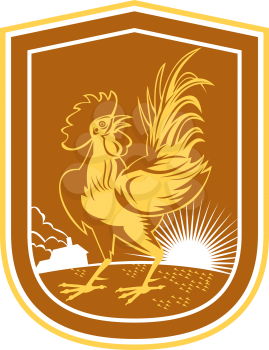 Illustration of a chicken rooster standing facing side set inside shield crest with house farm and sunburst in the background done in retro style. 