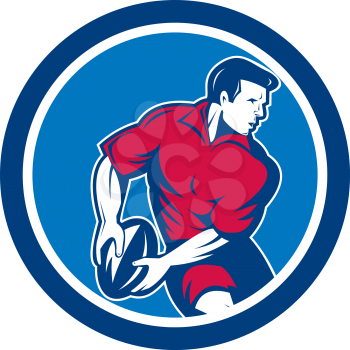Illustration of a rugby player running passing the ball set inside circle done in retro style.