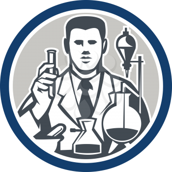 Illustration of scientist laboratory researcher chemist holding test tube with flasks facing front set inside circle on isolated background done in retro style. 