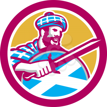 Illustration of a highlander scotsman with sword with Scotland flag on shield wearing tartan set inside circle done in retro style.