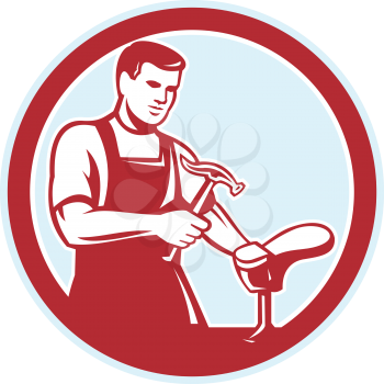 Illustration of a shoemaker cobbler shoe repair with hammer and shoe working set inside circle on isolated white background done in retro style.