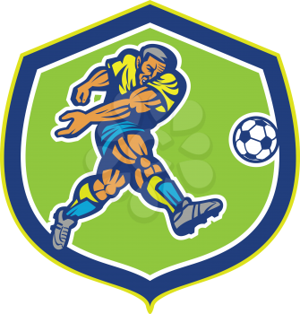 Illustration of a soccer football player kicking soccer ball set inside shield crest done in retro style.