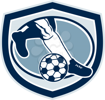 Illustration of a leg foot kicking soccer ball set inside shield crest done in retro style.
